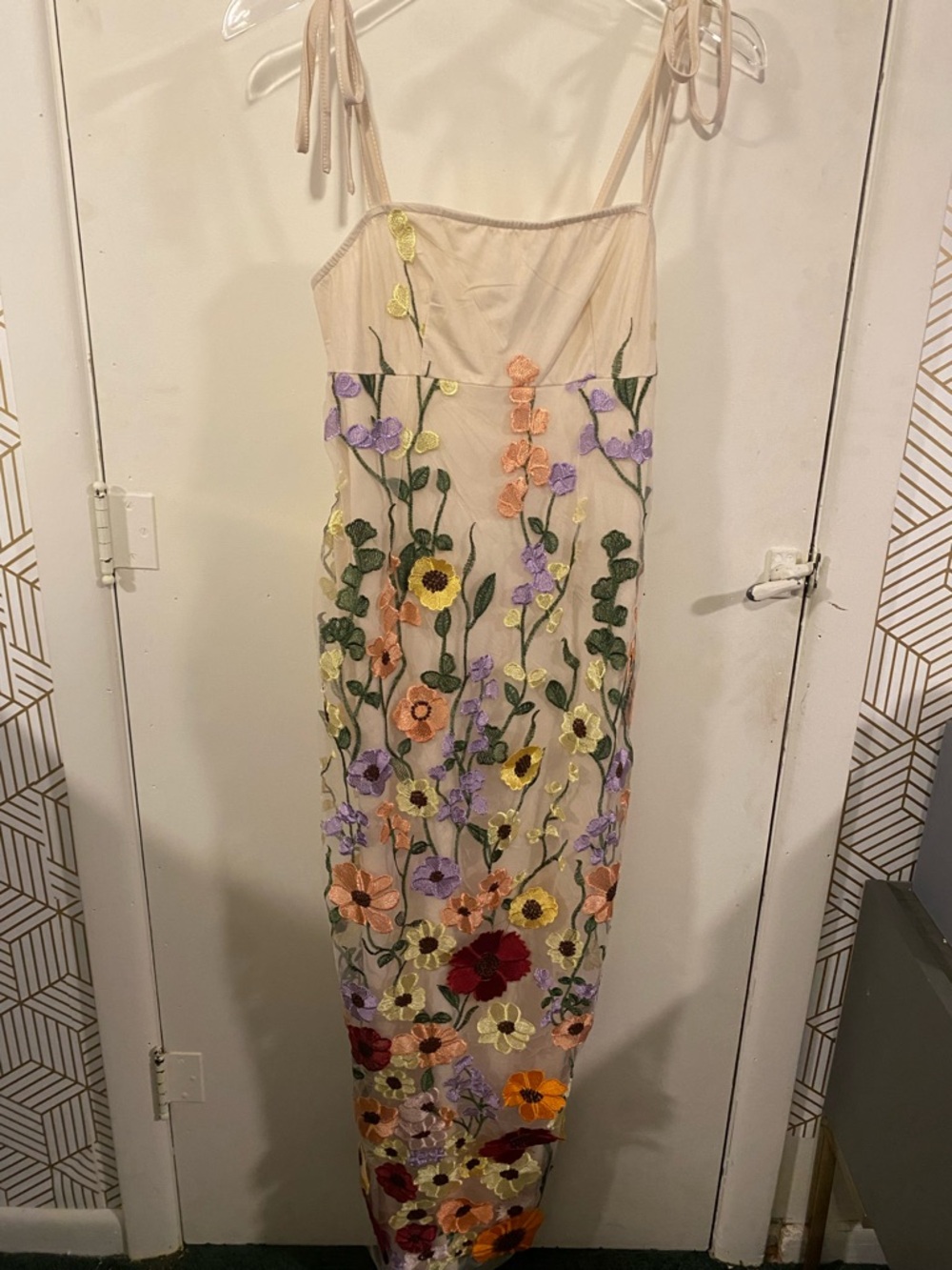 SHEIN Cream Maxi Dress with Multicolor Floral Embroidery